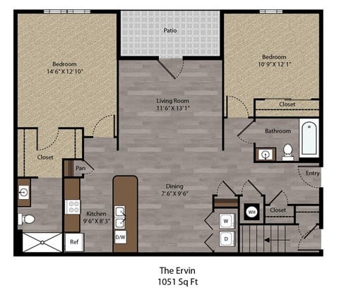 Floor plan for 2 beds, 2 baths, 1051 sqft
